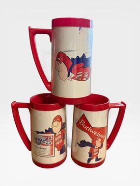 Budweiser Red & Cream Bud Man Plastic Beer Mugs - Trio - 1970 Thermo Serv